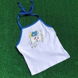 Vintage Glitter 1980s Smurf & Smurfette On Unicorn Iron-On On New Halter Top